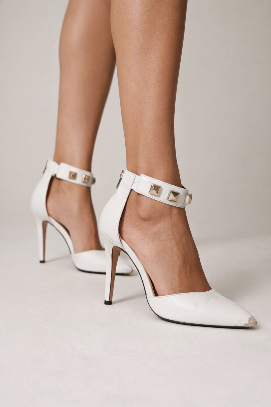 Aldo White Studded Ankle Strap Heels Size 9 Leather Pointed Toe Stiletto